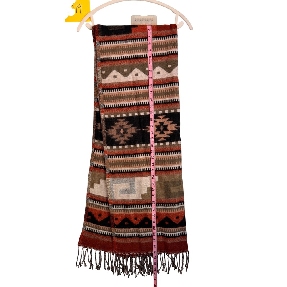 Southwestern Tribal Geometric Fringe Scarf Earth Tone Rust Black Boho Wrap